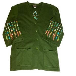 Bob Mackie Wearable Art Green Embroidered Feather Bead Cardigan Sweater‎ Boho S